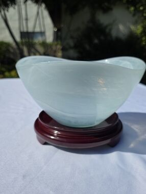 Vintage Hand Blown Art Glass Bowl Pale Aqua White Swirl Centerpiece Bowl